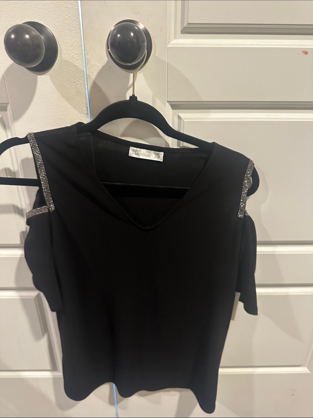Cold Shoulder Black Women's Top with Rhinestone Trim